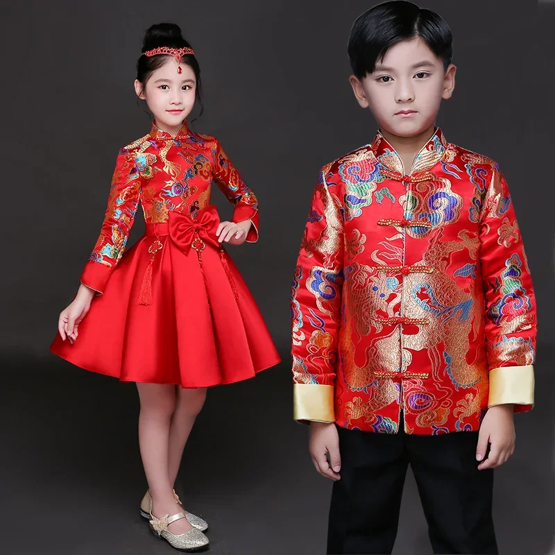 Vestido de princesa cheongsam infantil, saia folhada, estilo chinês, fantasias retrô, roupas de desempenho guzheng, anfitrião