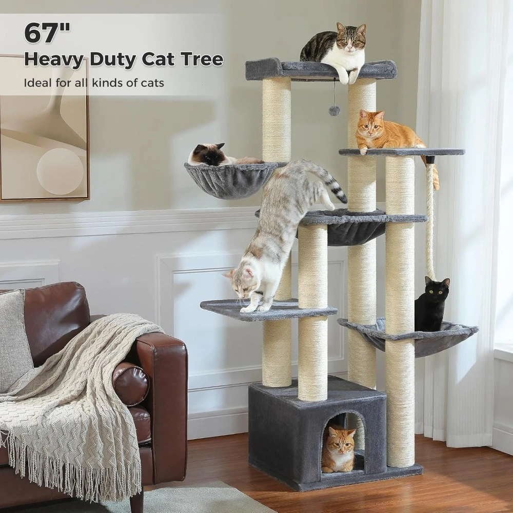 

67" Heavy Duty Cat Tree for Indoor Cats Large Adult, XXL Cat Tower, Large Perch, Spacious Condo & Big Hammock