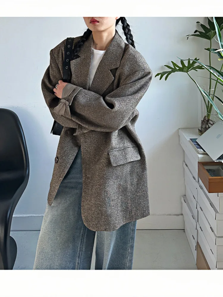 HUISONG 30% الصوف خمر المال القديم نمط مبطن الكتف المعتاد السترة المرأة الجديدة فضفاضة رداء غير رسمية الكورية الخريف الشتاء jigggl