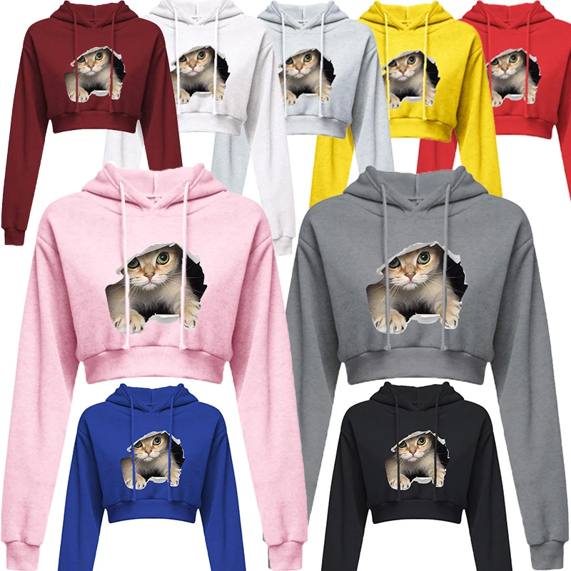 New Fashion Cute Cat Printed Hooded Sweatshirt Unisex Hooded Street Wear Hooded Open Navel Casual Hoodies