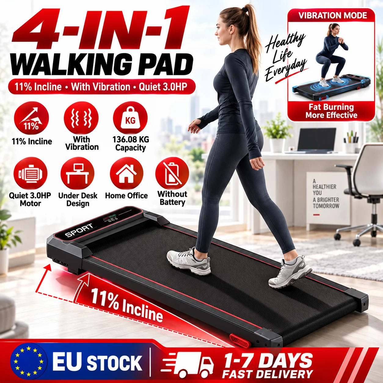 Tapis de marche Sinaopus 4-en-1 avec pente de 11 % et fonction de vibration, tapis de marche silencieux de 3,0 CV à placer sous le bureau, capacité de 136,08 kg, idéal pour la maison ou le bureau, sans batterie.