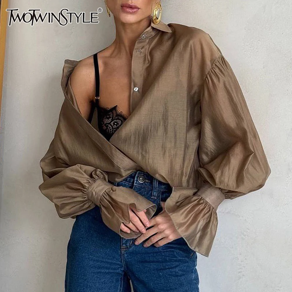 

TWOTWINSTYLE Solid Spliced Button Blouses for Women V Neck Long Sleeve Temperament Minimalist Shirts Female New