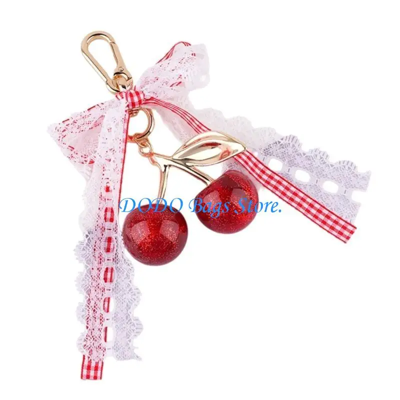

E8FB Stylish Cherry Bows Keychain Fruit Keyring for Women’s Bag Charm and Car Keys Holder Caroon Bag Accesories