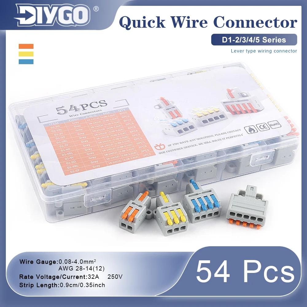 

54Pcs Lever Wire Connectors Kit 2/3/4/5 Pin Quick Splice Terminal Block 0.08-4mm² 32A 250V for Electrical Wiring AWG 28-14(12)