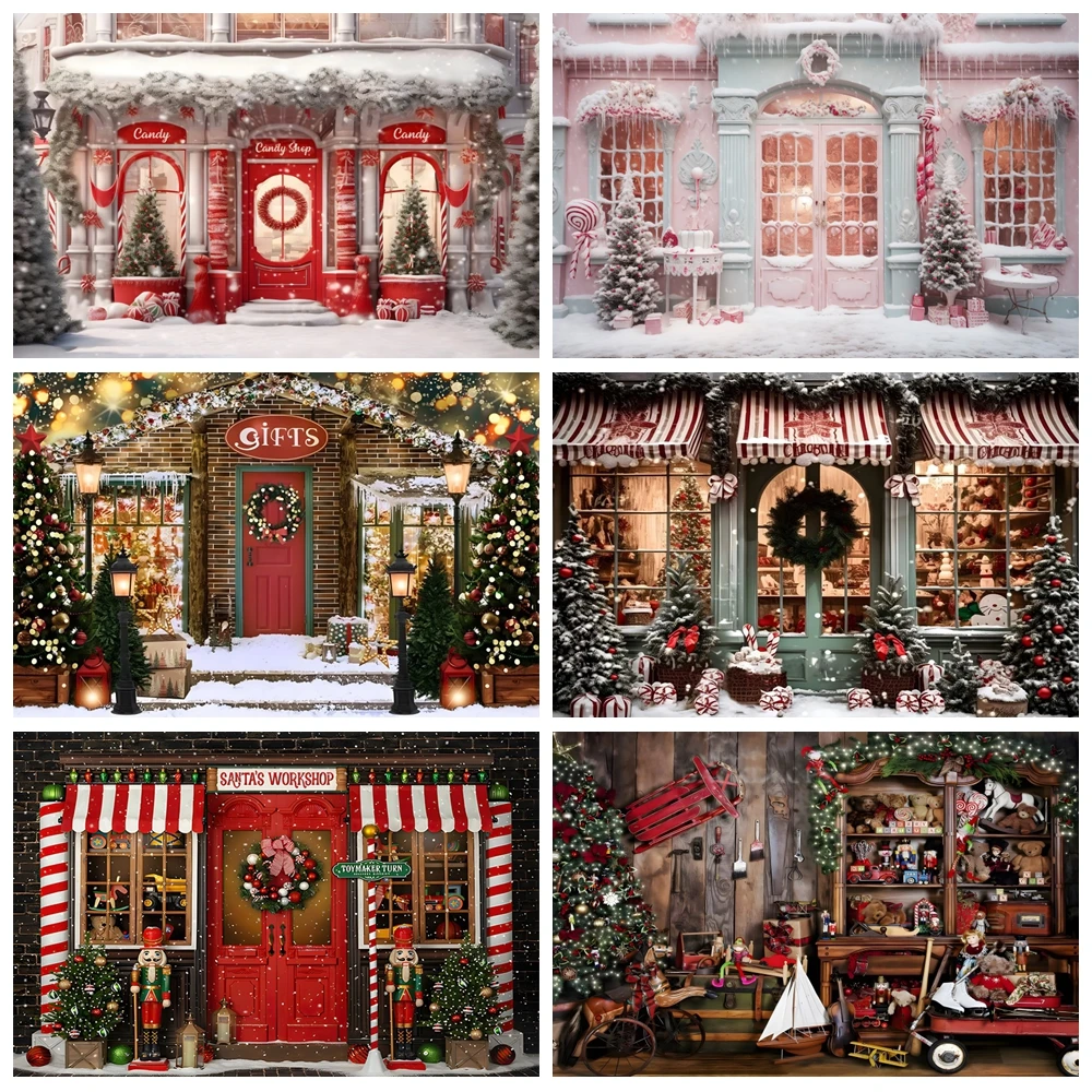 Christmas Store Backdrop Xmas Tree Candy Toy Gift Store Window Winter Snow Xmas Eve Family Party Photography Background Decor