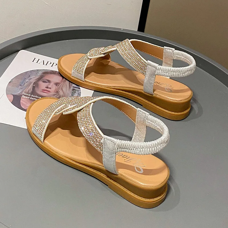 2024 Summer New Sandals Women Fashion Casual Roman Shoes Female Solid Color Crystal Sandalias Mujer