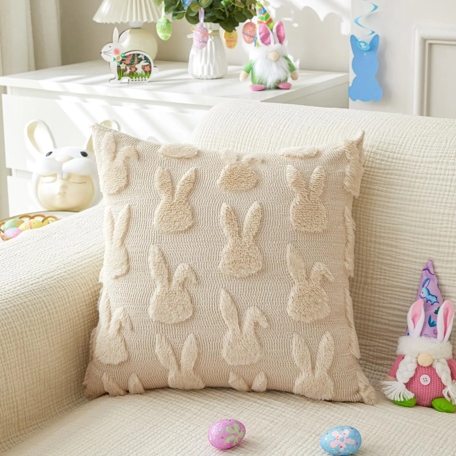 Easter Throw Pillow Cover 18x18 inch Set of 2 for Easter Decorations Bunny Rabbit Soft Plush Faux Fur Wool Pillow Cover for Sofa