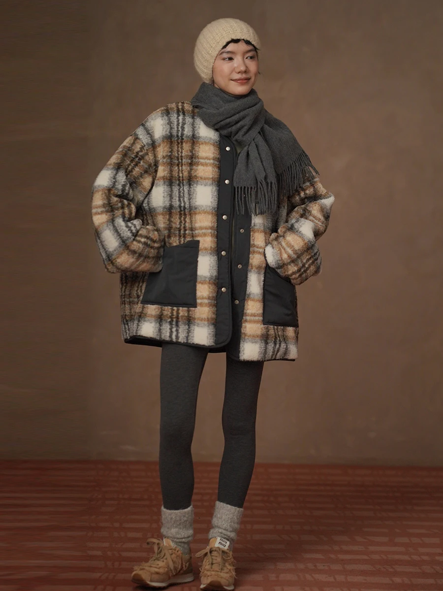 

Hacikis Miss Cinnamon Hazelnut Double-Sided Wear Plaid Patterned Lamb Fur Cotton Jaet Long Coat Women Casual Sle Thiene...