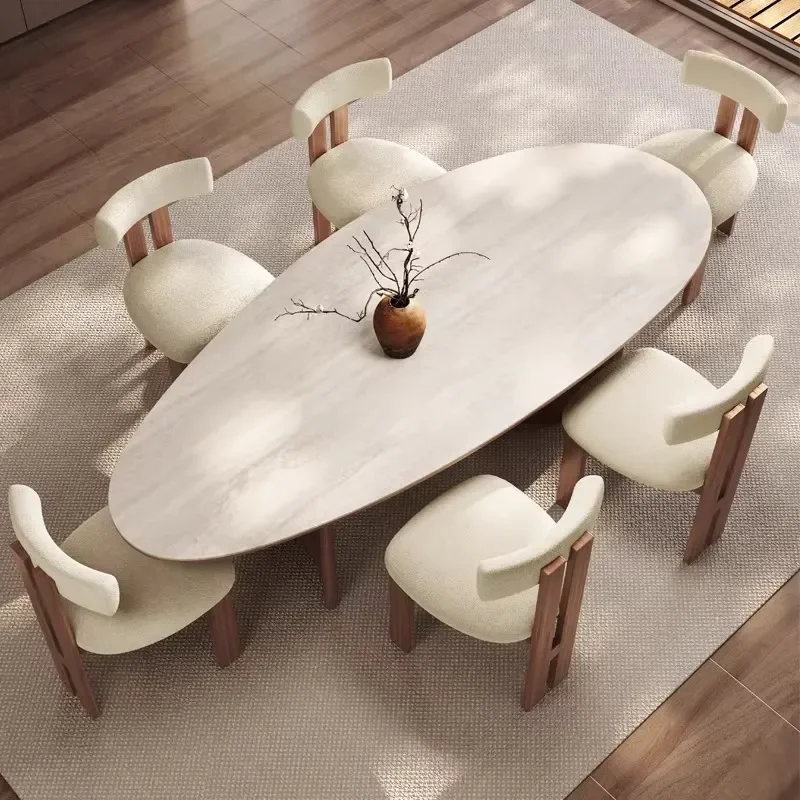 for  Walnut Colored Dining Table Classic Style Teardrop Shaped Oval Design for Family Use
