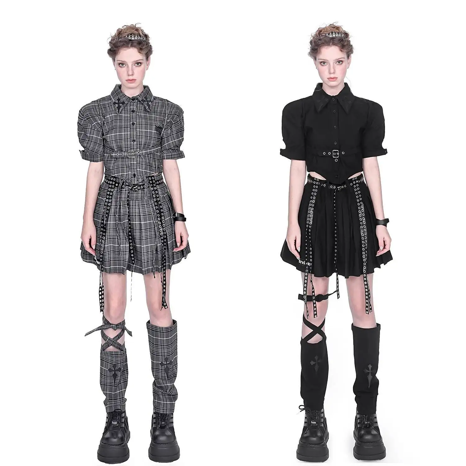 

New Splicing Leather Webbing Pleated Skirt Shoulder Pad Shirt Grid Black Punk Tops Fiesta Carnival Halloween Cos Cosplay Grey