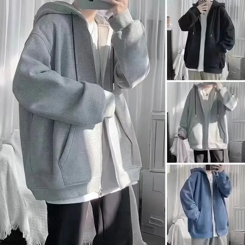 سترة رجالية بغطاء للرأس للخريف والشتاء بسحاب سترة صوف كبيرة الحجم غير رسمية عصرية ملابس خارجية مريحة وفضفاضة