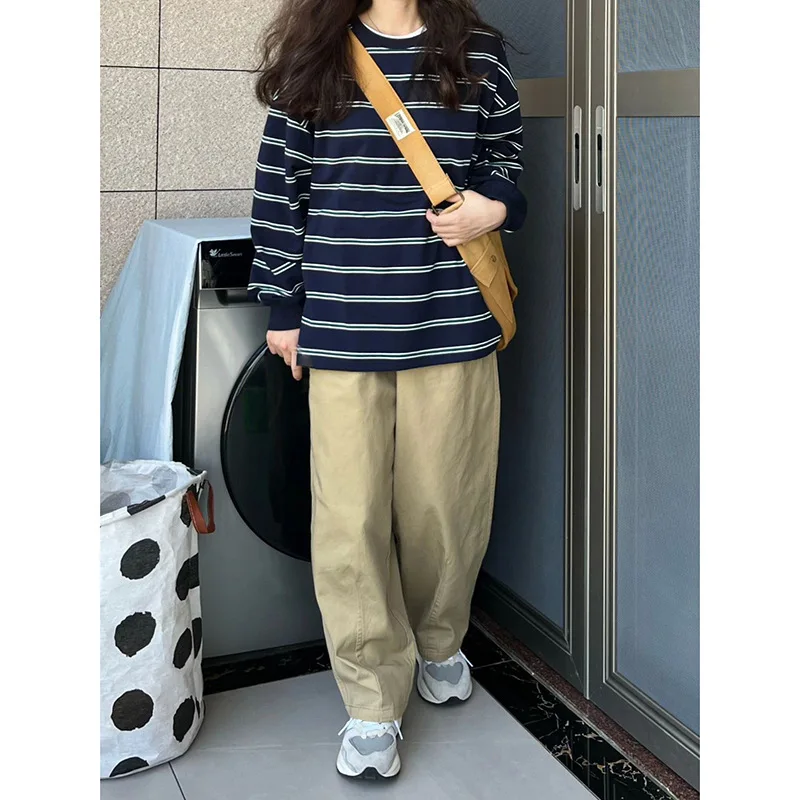 초가을 롱 Sve 여성용 티셔츠 얇은 루즈 베이스 레이어 이너웨어 스트라이프 스웨트 셔츠 편안한 합성 섬유