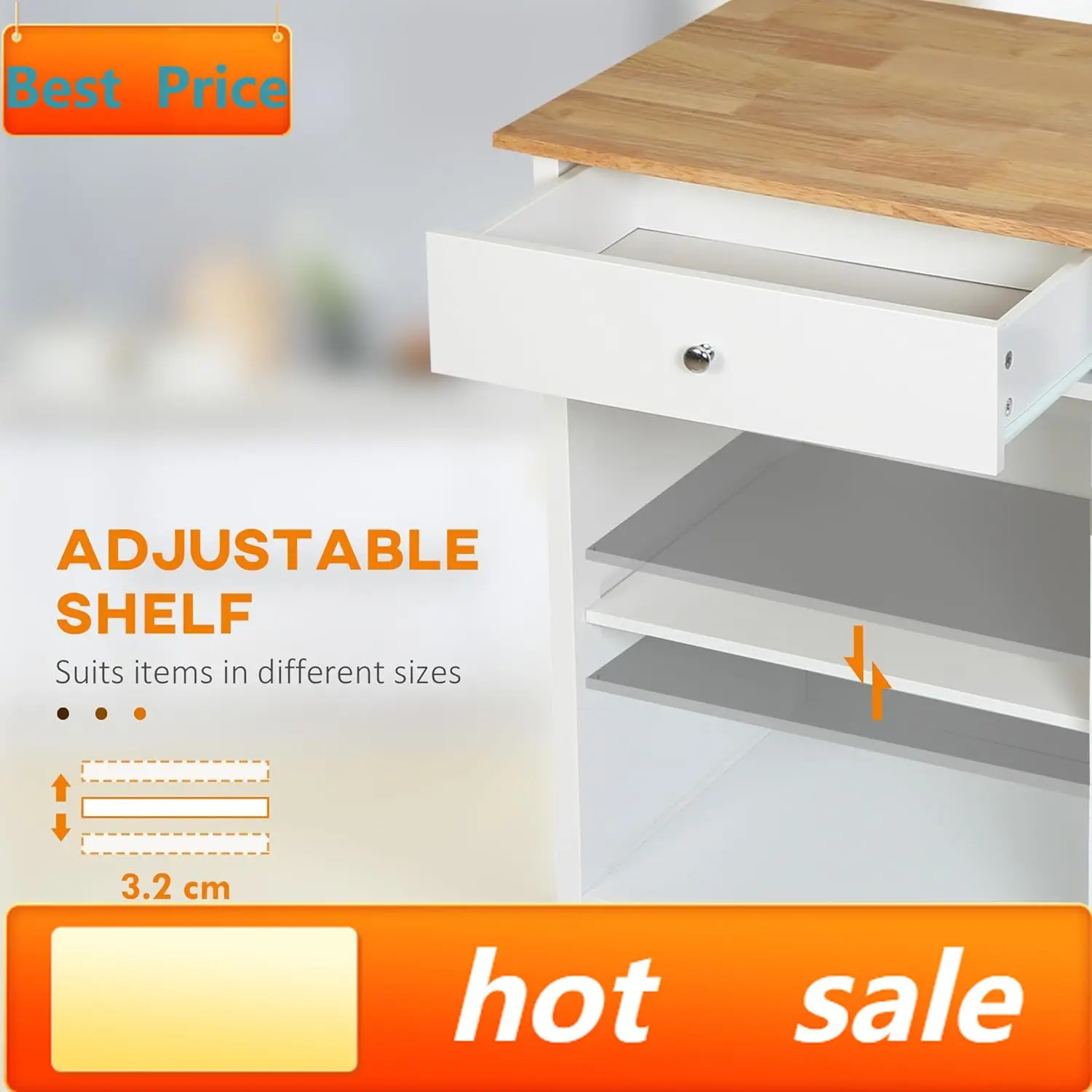 

27" Rolling Kitchen Island Cart with Drawer and Glass Door Cabinet, Kitchen Trolley with Adjustable Shelf and Towel Rack, White