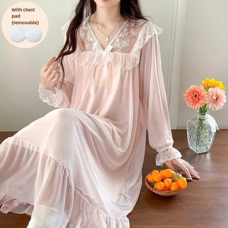 Spring Autumn Women's French Lace Long Sleeve Vintage Court Style Loose-fit Nightgown Sleepshirt Homewear Medium-length