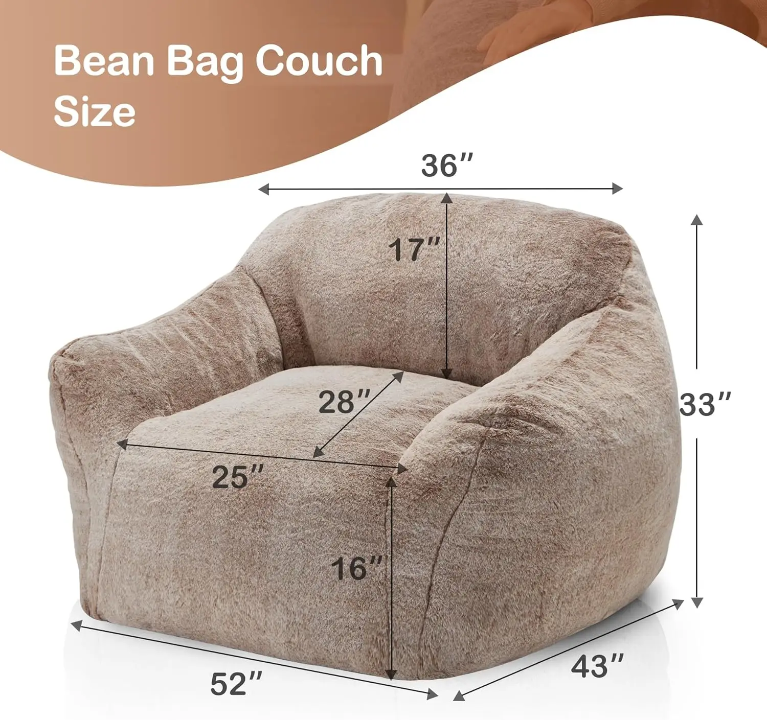 Large Memory Foam BeanBag Chairs, Oversized Bean Bag Sofa with Filler, Faux Fur Big Reading Chair Comfy Floor Sofa Chair (Khaki)