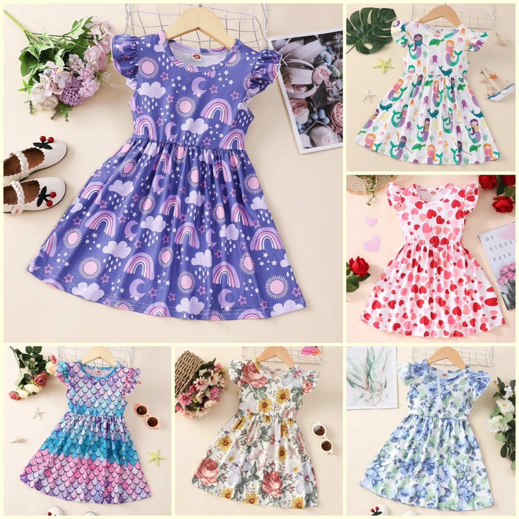 

2024 Dress for Kids Girl 1-7 Years Old Baby Girls Princess Dresses Summer Rainbow Short Sleeve Birthday Party Gown for Children