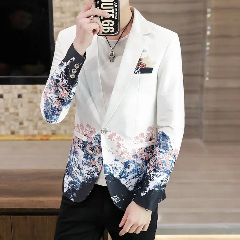 Men Floral Blazers Fashion Korean Gradient Inspired Prints Fancy Floral Suit Jacket Casual Slim Fit Blazer Coat Men Clothing