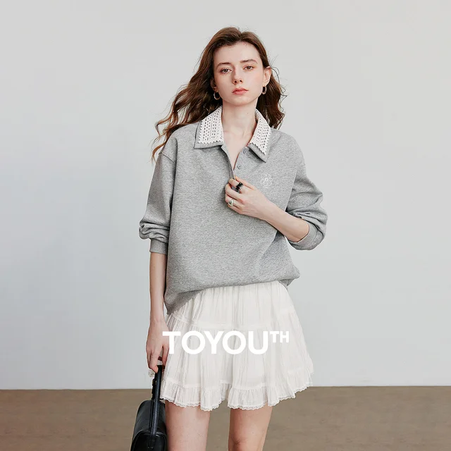 TOYOUTH Women Sweatshirt 2025 Autumn New Green Velvet Embroidery Contrasting Color Splicing Double Layer Collar Pullover Hoodies