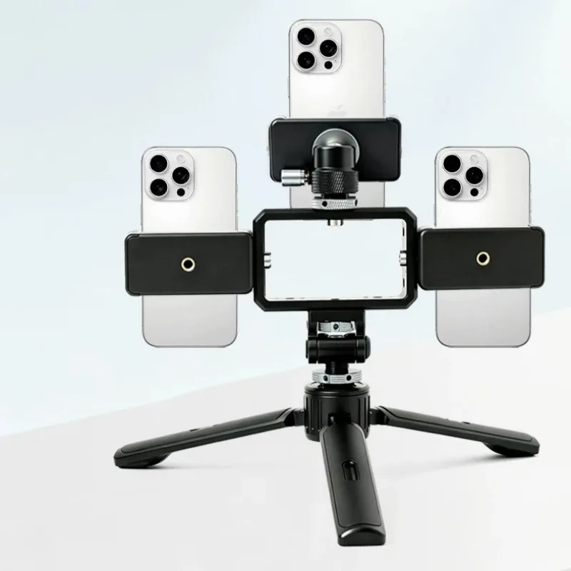 

Handheld Metal Triple Phone Mount for LED Ring Light - Multi-Device Desktop Live Streaming Stand for Multi-Platform Broadcasting