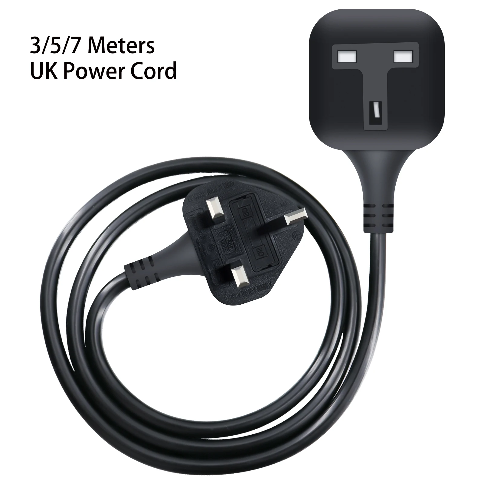 3/5/7m Power Extension Cord, UK Single Extension Lead 3PIN Male Plug to Female Single Socket 13A Power Cable black
