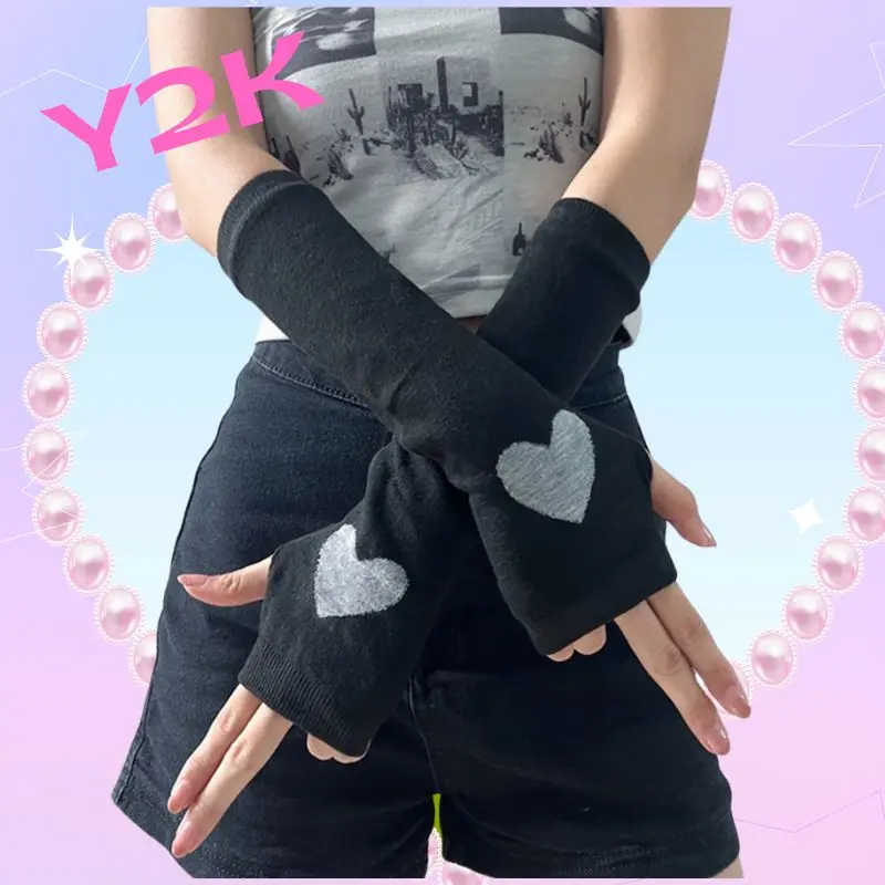 Y2K Women Arm Gloves Goth Lolita Black Love Star Elbow Mittens Hip-hop Autumn Winter Girls Arm Warmers Gloves Fingerless Gloves