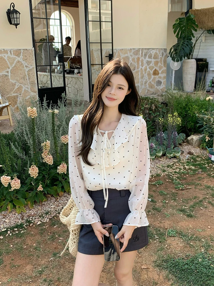 

Spring 2026 Loose Casual Versatile Korean Style Blouse with Ruffle Hem And Bow Tie Women's Fashion Top Polyester Fiber Long S...