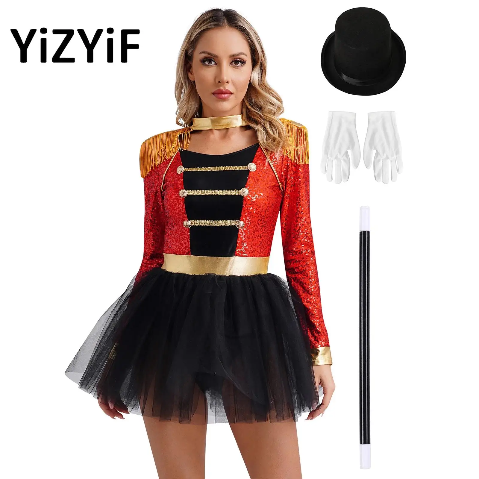 

Women Circus Ringmaster Cosplay Costume Fringes Epaulet Sequins Tulle Dress with Bowler Hat Gloves And Magic Wand Set