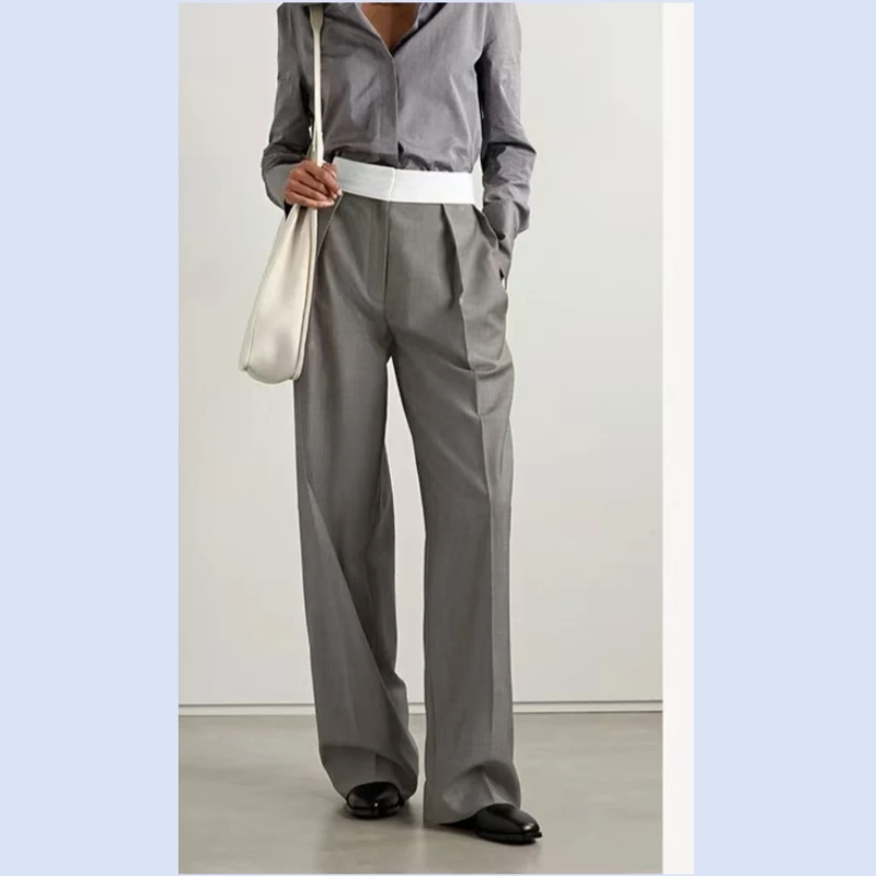 Extremely simple style color blocked waist pleated wool straight tube loose contrasting floor length trousers