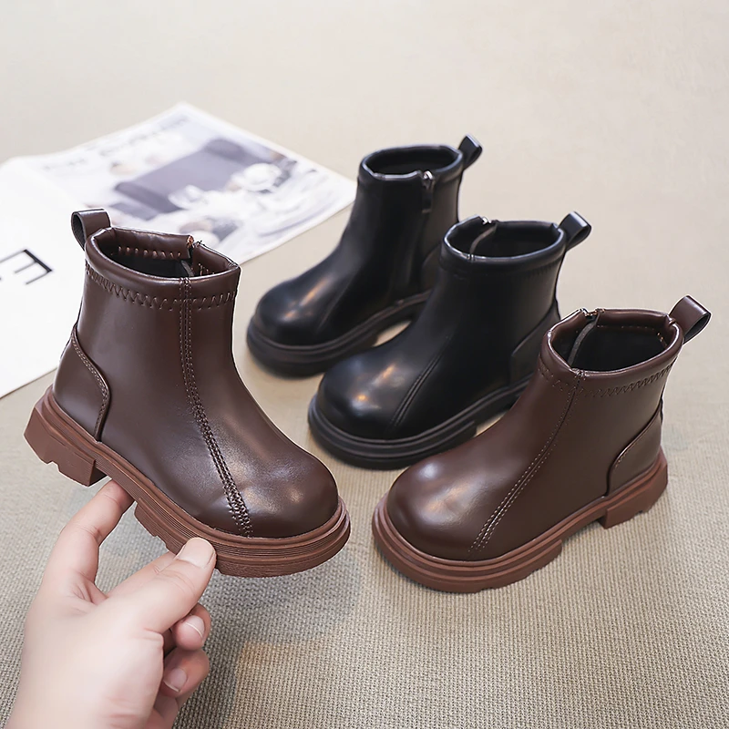 Black/brown Girls Boots with Flat Bottomed Low Cut Side Zipper Waterproof and Non Slip Winter Microfiber Leather Fashion Boots