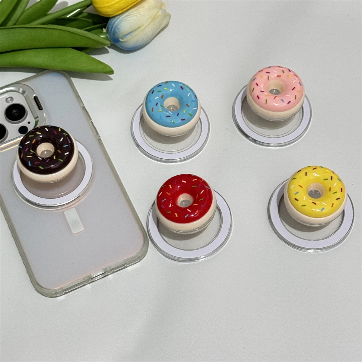 Ins Korea Cute 3D Donut For Magsafe Magnetic Phone Lovely Griptok Grip Tok Stand For iPhone Wireless Charging Case Holder Ring