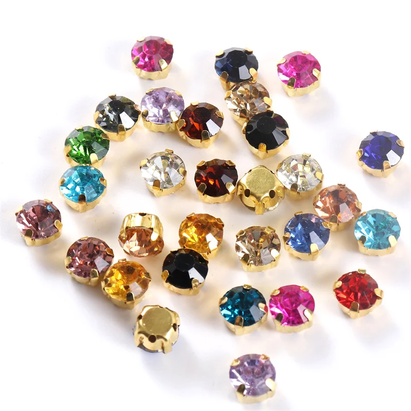 4mm-8mm Glitter Glass Sewing Rhinestones with Gold Base Round Crystal Strass stones for diamond  Jewellery clothes diy