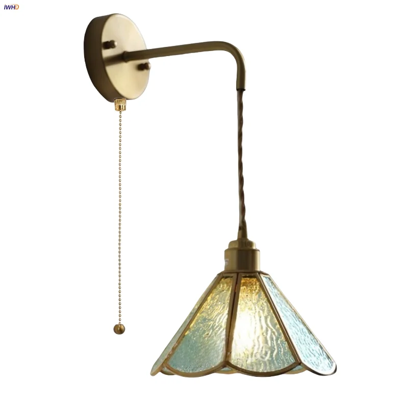 

IWHD Blue Glass LED Wall Lamp Sconce Pull Chain Switch Staircase Restaurant Wire Adjustable Tiffany Style Bathroom Mirror Light