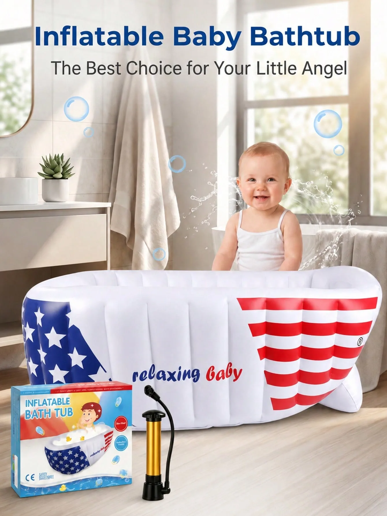 Fashion Stars Stripes Inflatable Baby Bathtub With Air Pump, Portable Blow Up Toddler Tub, Non-Slip Cushion Newborn Bath Basin, Foldable Travel Pool