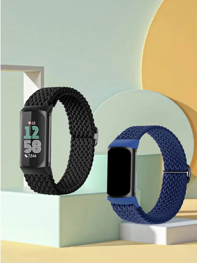 2 Stuks Sport Nylon Gevlochten Band Armbanden Rekbaar Voor Fitbit Charge 5/6 Elastische Band Lus Voor Fitbit Versa 3/4 Smart horloge
