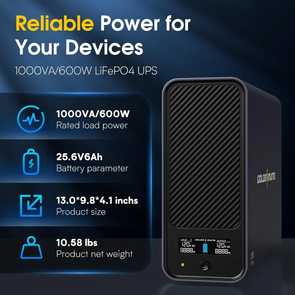 1000VA/600W 8-Outlets UPS Battery Backup & Surge Protector, Backup Battery Power Supply with LiFePO4 Battery, BMS & Cooling Fan