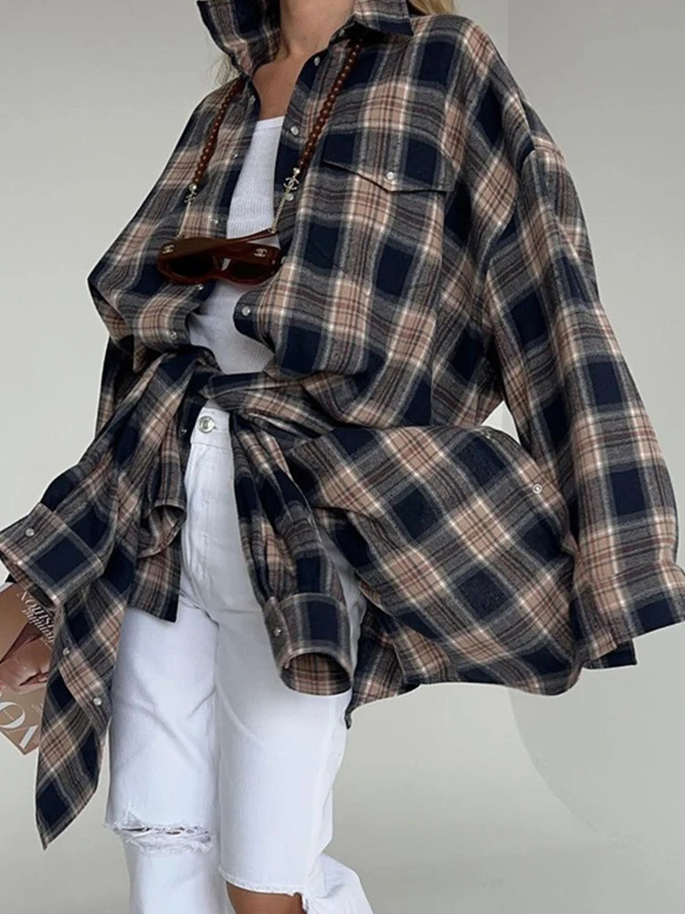 Aynaray 2024 Women Autumn Winter Oversized Plaid Shirt Thick Vintage Long Sleeve Loose Fit Blouse Female