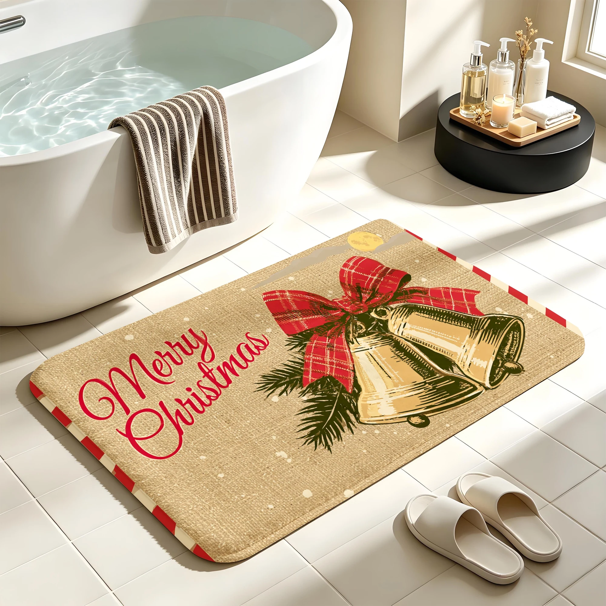Vintage Christmas Bell Print Short Plush Absorbent Sponge Floor Mat,Bath Non‑Slip Doormat & Decorative Door Mat