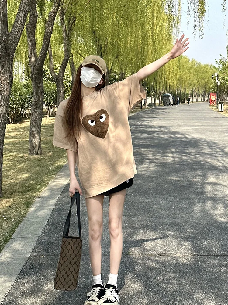 retro-japanese-sle-ort-sve-t-irt-women's-summer-new-casual-age-defng-loose-versatile-top-embroidered-heart-design
