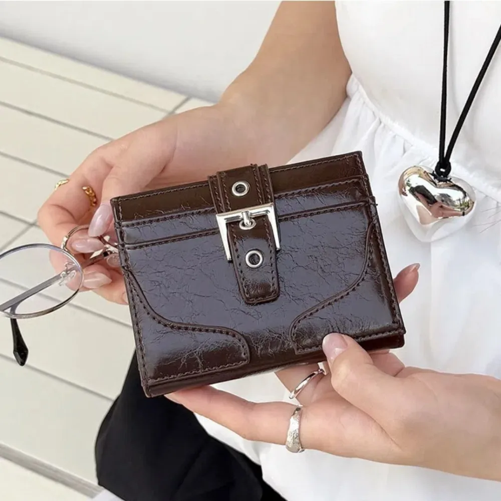 

New Women Leather Card Holder Ultra-Thin Mini Buckle Coin Purse Portable Wallet Silver Cute Bank Credit Id Bag Multi-Card Slot