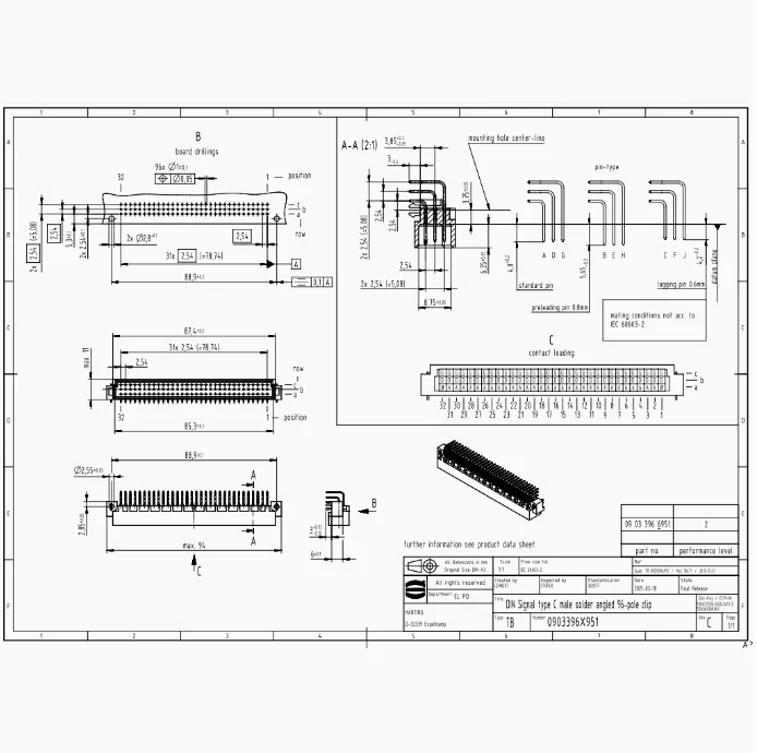 09033966951 HARTING 2A96-pin male connector Wave soldering wiring method Elbow type