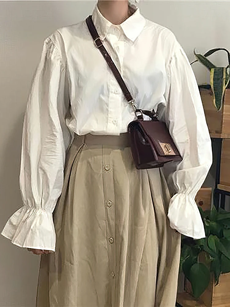 

Preppy Puff Long sleeve White Shirt Women Warm Thicken Fleece Basic Tops Lady Ruffle Polo Neck Casual Blouse Oversize Chiffon