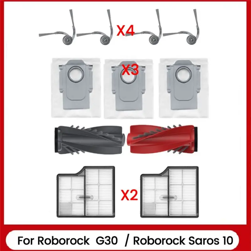 

Запасные части для пылесосов Roborock Saros 10 / Roborock G30: основная и боковые щетки, фильтры, мешки для сбора пыли.
