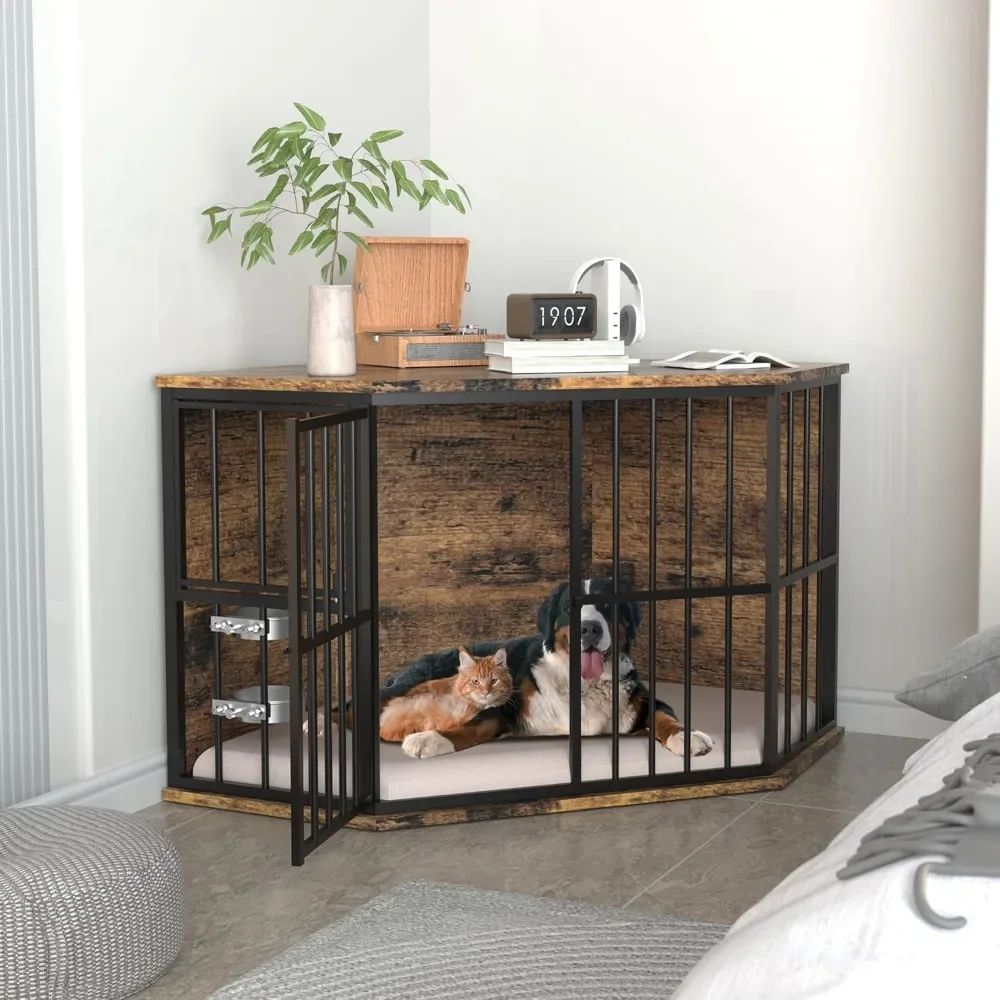 

52 in Corner Dog Crate Furniture with Two Bowls, Wooden Dog House End Table for Medium, Large Size, Dog Kennel House Furniture
