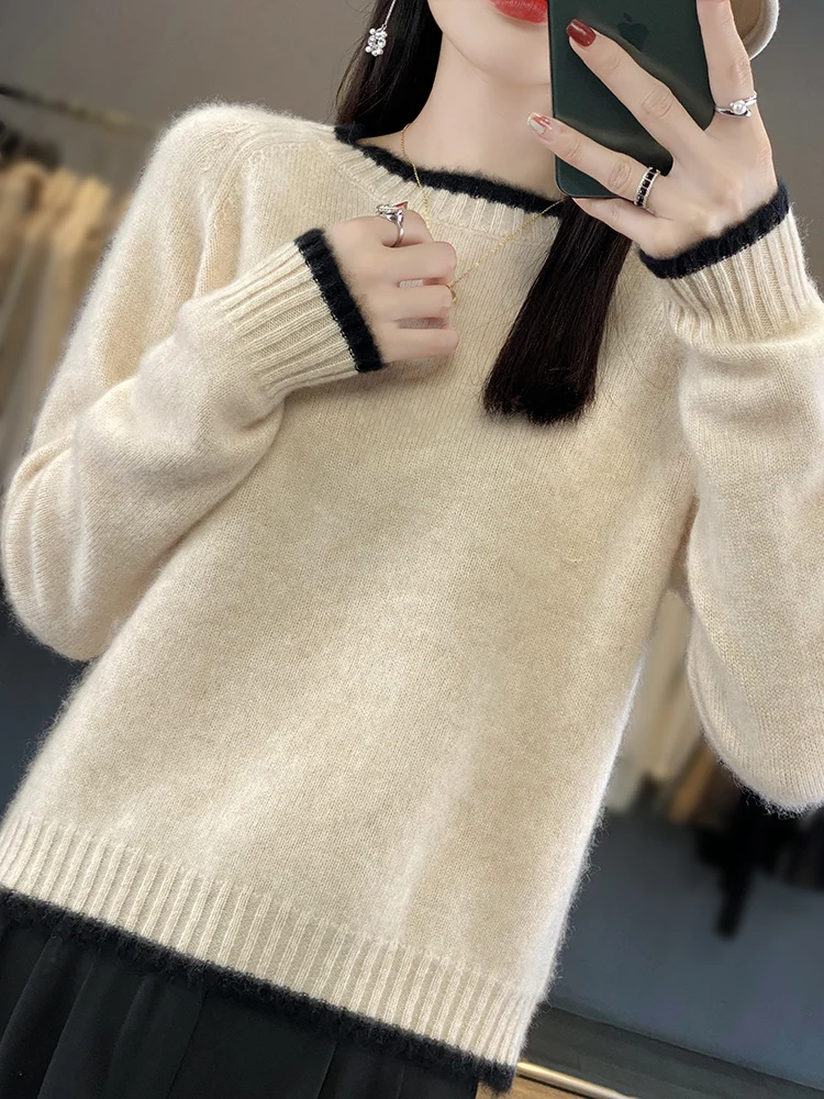 

New Women Cashmere Sweater Autumn Winter Contrast Color O-Neck Pullover 100% Merino Wool Knitwear Female Soft Casual Loose Wear