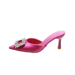 Rose Red Women Pumps Silk Satin Pointed Toe Rhinestone Crystal High Heels Woman Wedding Pumps Slip on Cup Heeled Mules