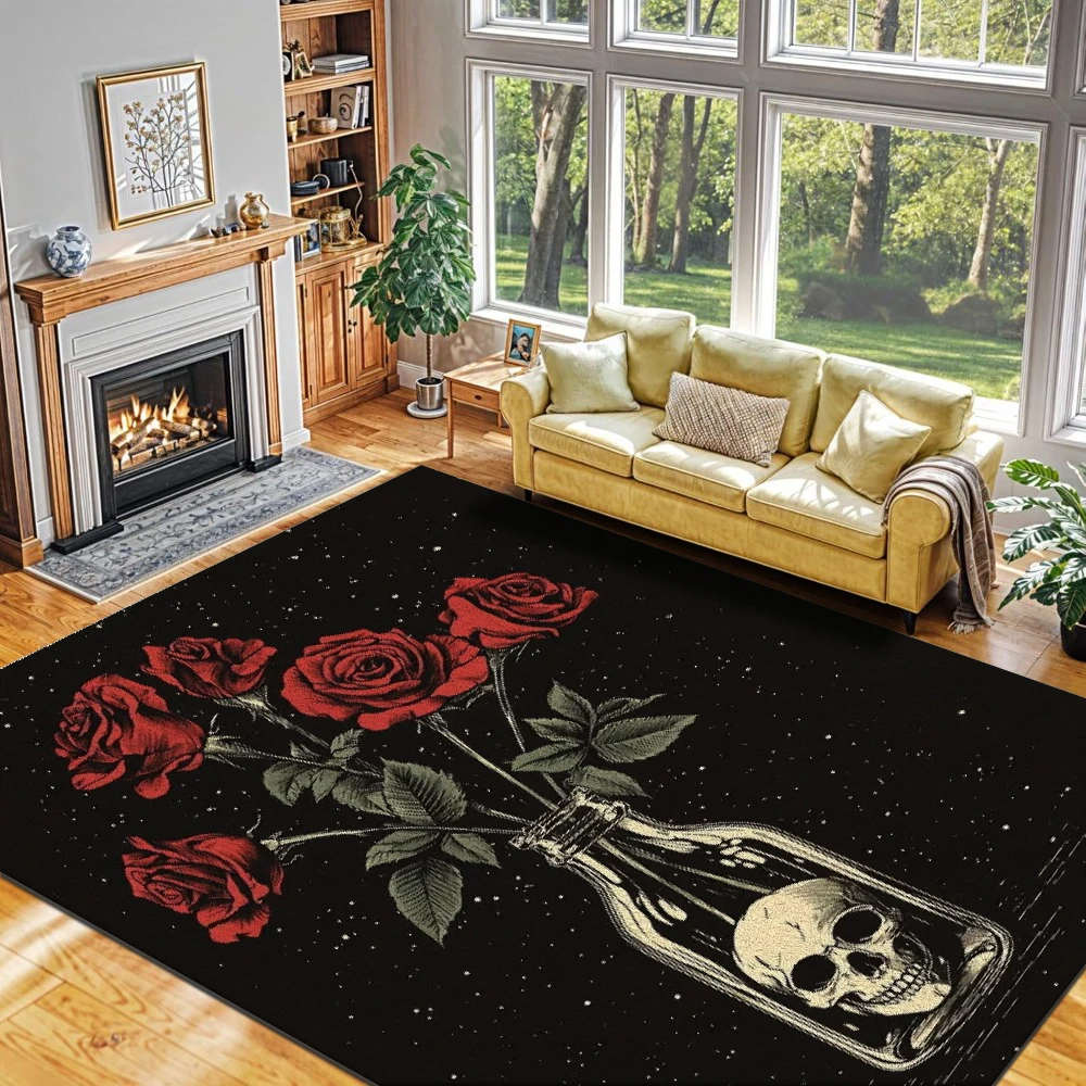 1pc Skull & Rose Plush Area Rug, Large Size, Anti-Odor, Washable, Non-Slip & Durable, Soft Light Velvet Fabric, Ideal Under Bed