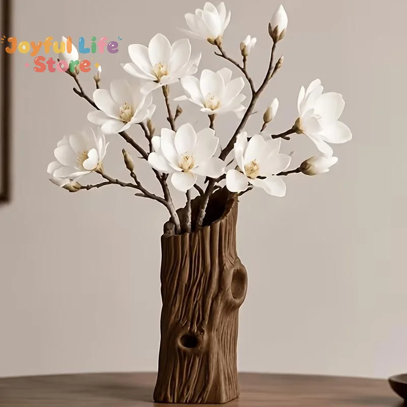 *Natural Style Tree Hole Shape Flower Vase 3D Printed Rustic Style Plant Pot Artificial Driftwood Desktop Decor Planter Tea Room