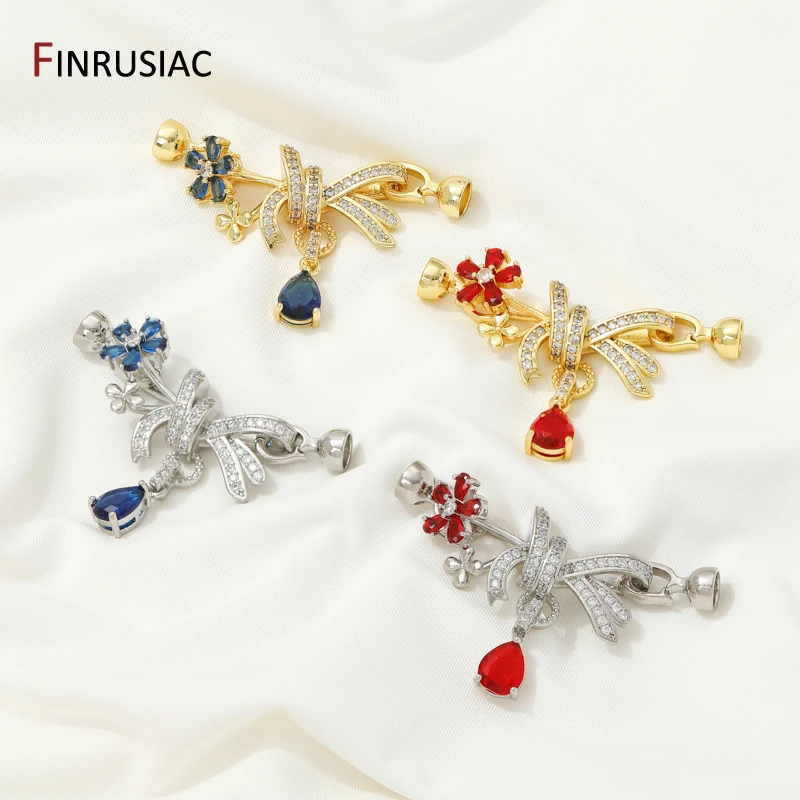 14K Gold Plated Brass Bowknot Pearl Clasps,Inlaid Zircon Fastener Closure Lock Connectors For DIY Jewelry Making Accessories