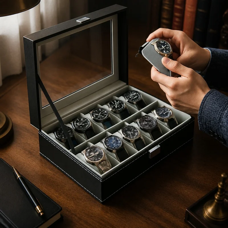 Image of PU-Leder-Displaybox mit Glasdeckel, Mehrfach-Organizer für Herrenuhren und Schmuckaufbewahrung, 2-12 Fächer