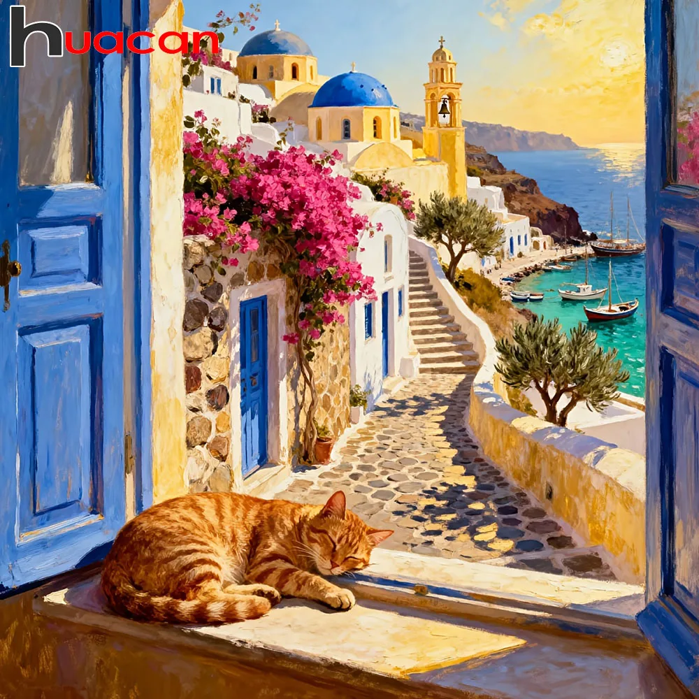 Huacan Diamantmalerei Landschaft Strass Vollquadratisch Rund Mosaik Katze Heimdekoration